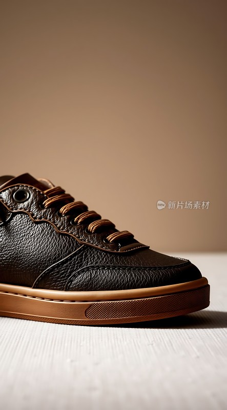 黑色皮鞋棕色鞋带与鞋底简约时尚