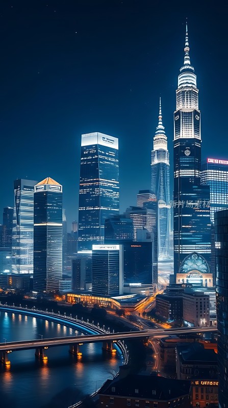 上海夜景黄浦江畔摩天大楼璀璨夺目