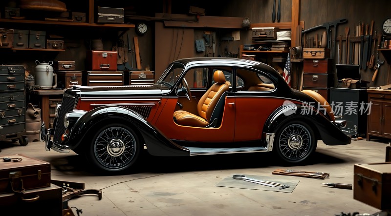 经典红黑双色轿车停放在复古车库中周围摆放着各种工具和杂物