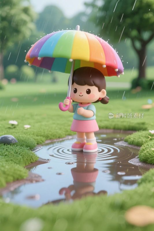卡通女孩持彩虹伞