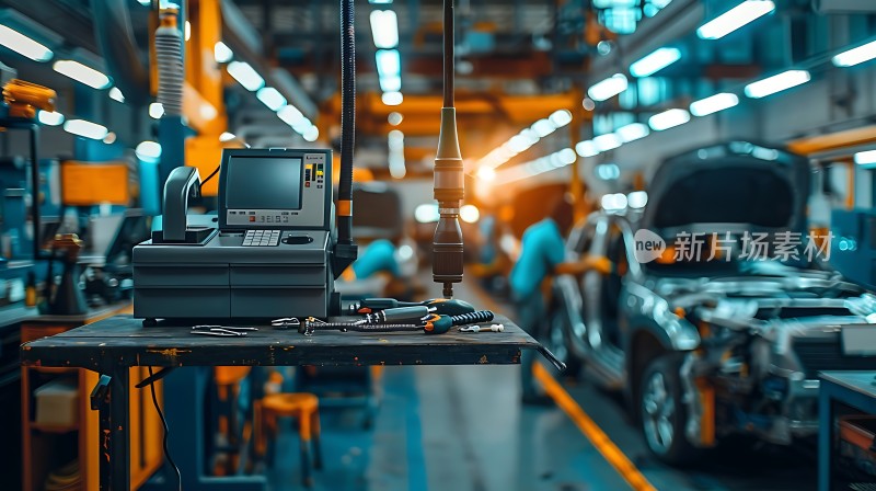 新片场素材车间内精密仪器与汽车维修场景