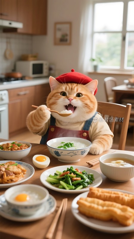 橘猫戴红帽吃早餐
