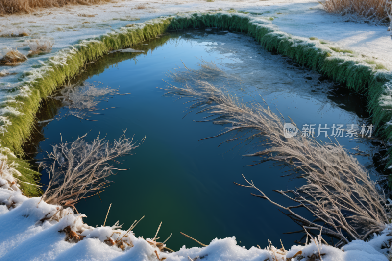 雪景中间一个池塘和几棵树高清背景图片