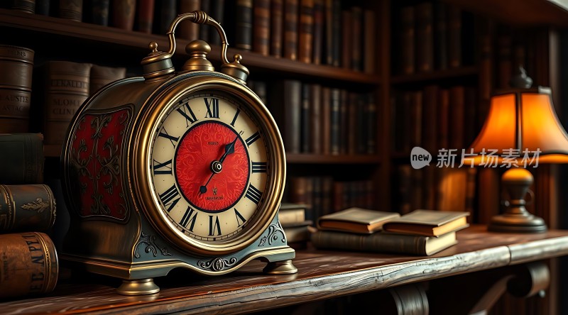 古铜色时钟与书籍