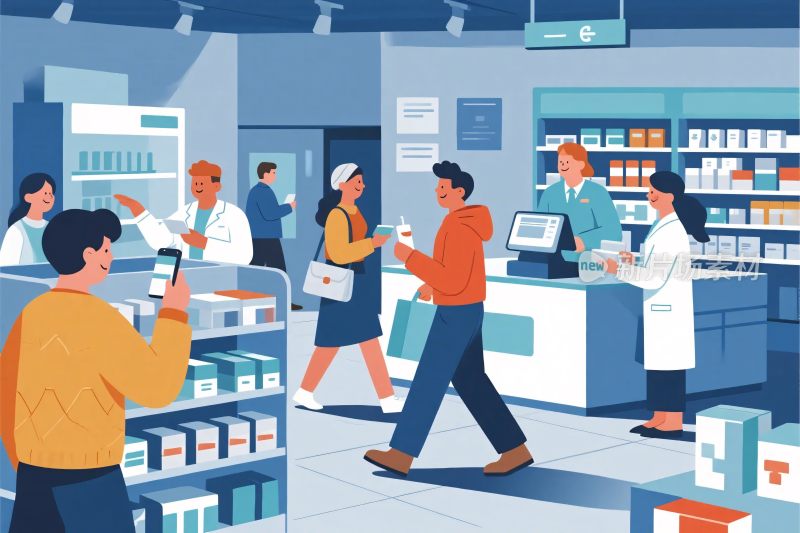 药店顾客购物场景插画