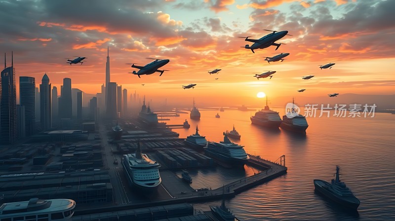 未来城市港口日落景象
