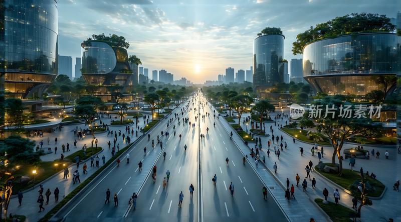 未来城市风光绿意盎然与现代建筑交融