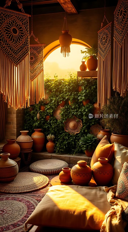 阳光下的陶艺小院绿意盎然温馨舒适