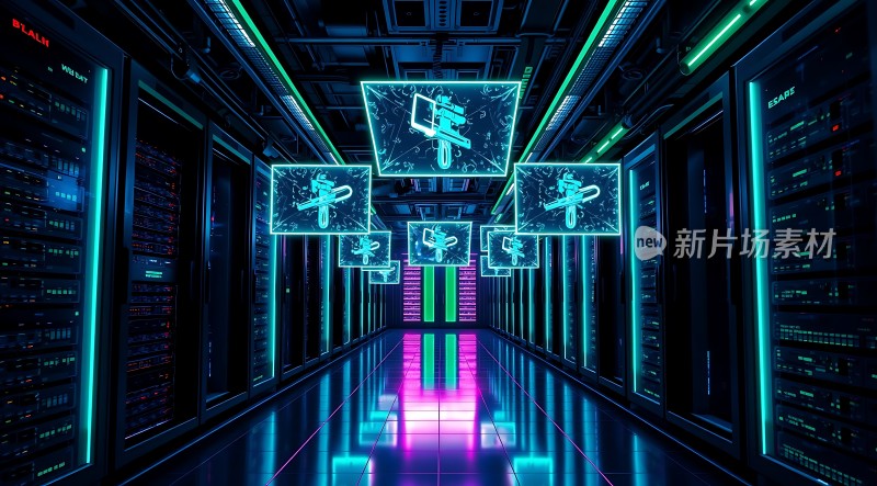 科技感十足的数据中心走廊霓虹灯与服务器架交相辉映未来主义风格尽显科技魅力