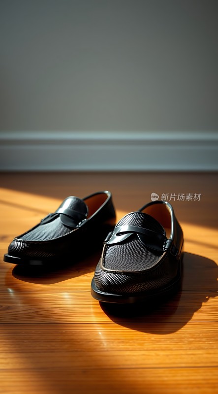 黑色皮鞋映衬木地板