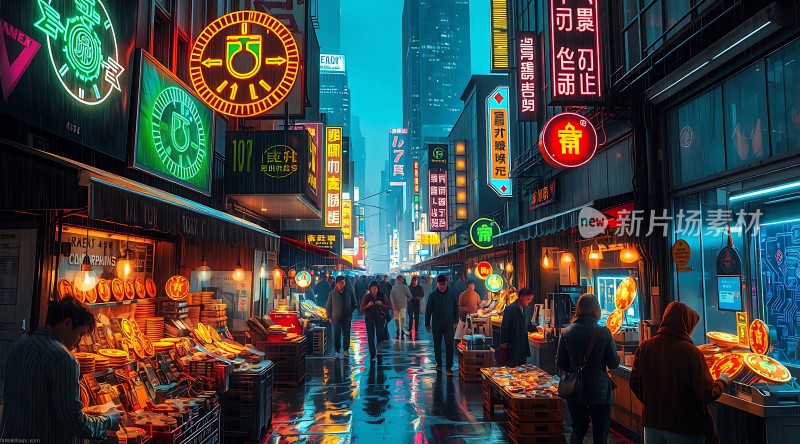 霓虹灯下的繁华夜市