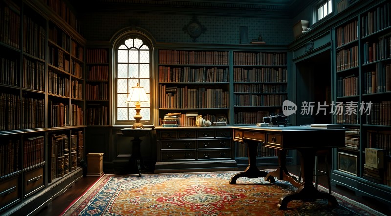 古色古香书房书架、桌椅与地毯相映成趣