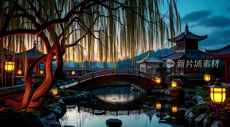 古桥柳影映水阁