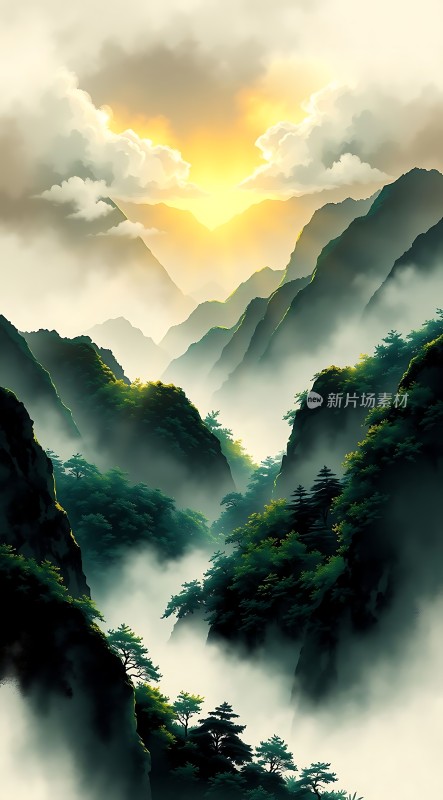 晨曦中的雾气缭绕的山谷