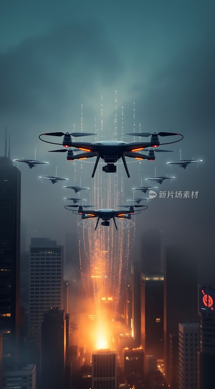 无人机编队飞越城市夜景
