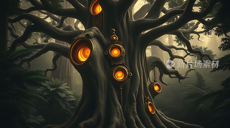 神秘森林中的发光树洞