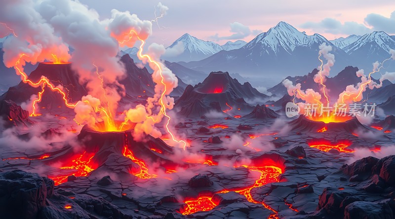 熔岩与闪电交织的山脉奇景