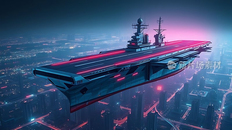 未来科技之城悬浮航母翱翔夜空