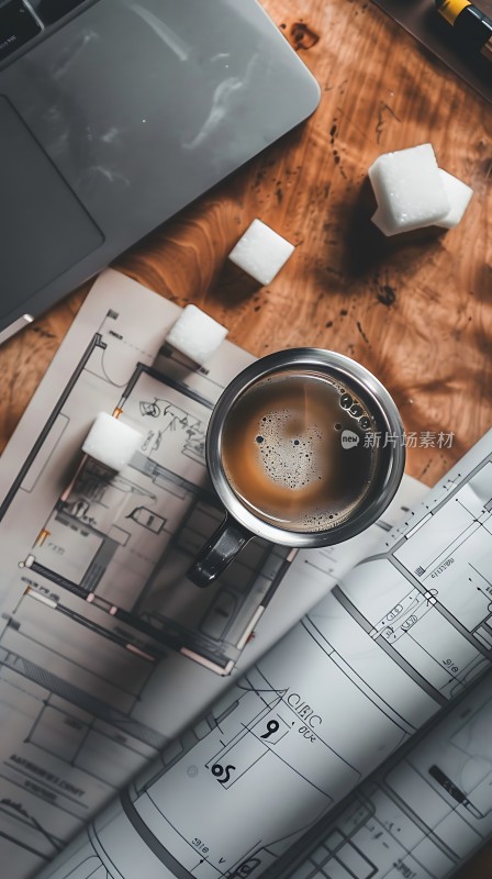咖啡杯与建筑图纸