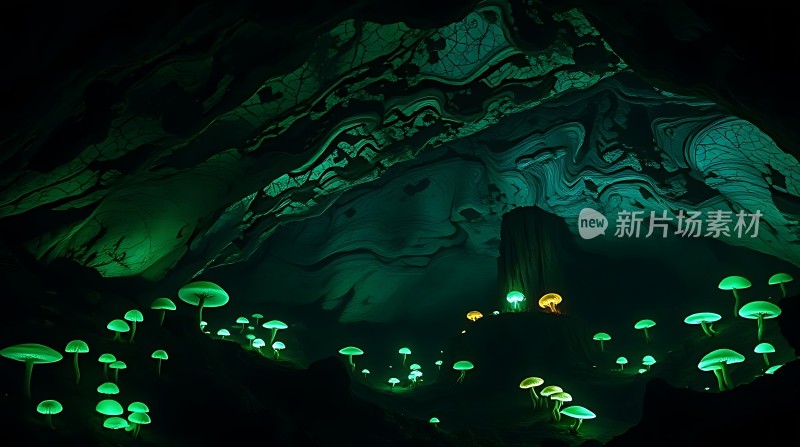 神秘洞穴中的荧光蘑菇世界