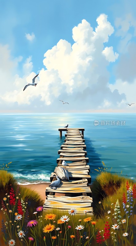 海边的木栈道与飞翔的海鸥