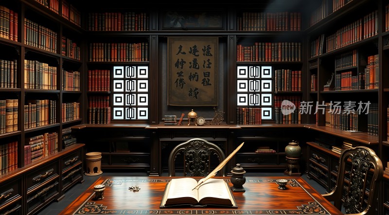 古风书房书架、桌椅、书法作品等元素构成