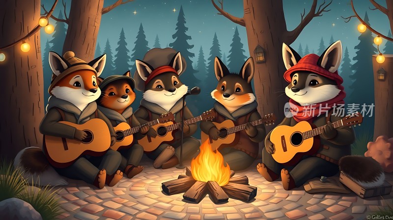 森林音乐会狐狸乐队围火演奏
