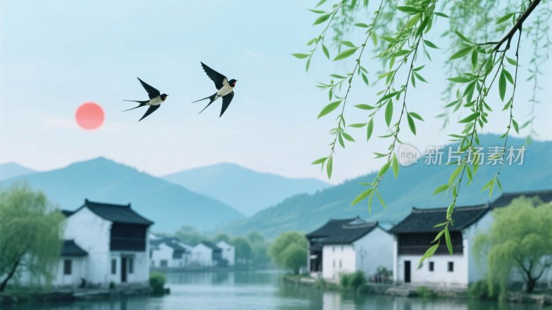 春日燕子飞临水乡美景
