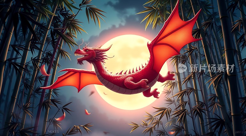 红龙翱翔竹林夜月