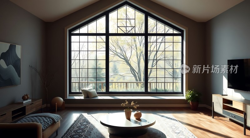 阳光洒满现代客厅大窗户外绿意盎然