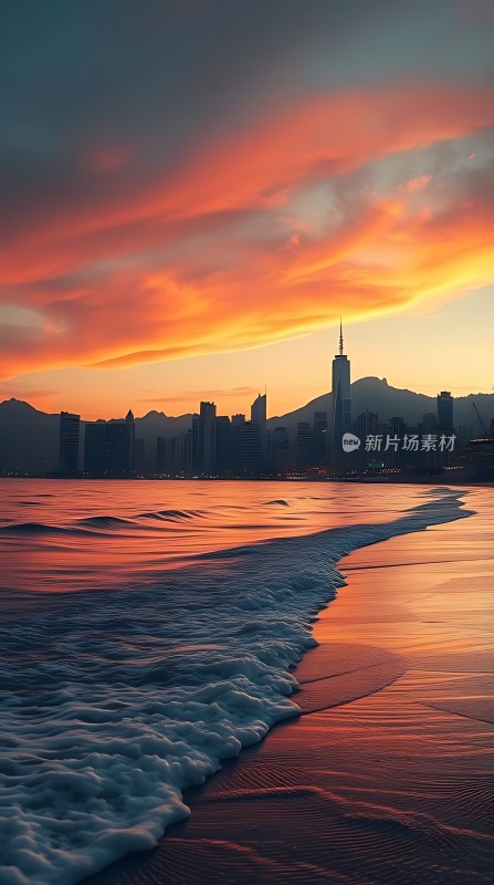 日落时分的城市天际线与海浪