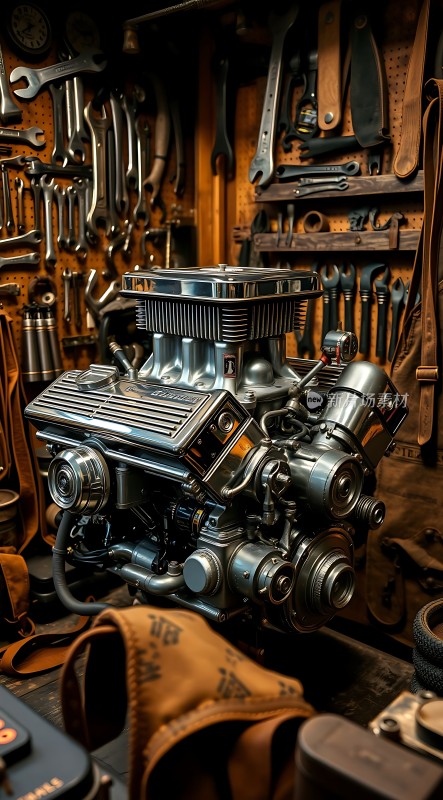 机械之美银色发动机与工具的结合