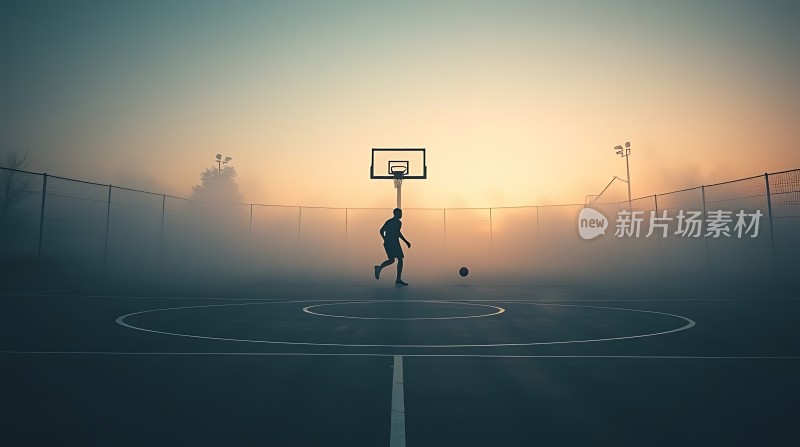 晨雾篮球场上的运动身影