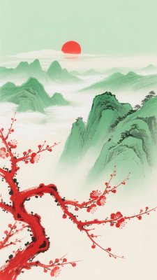 红梅映日山水景