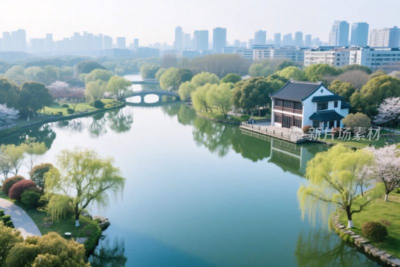 湖畔古建与城市风光