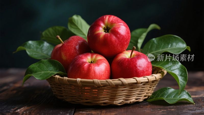 篮中红苹果与绿叶