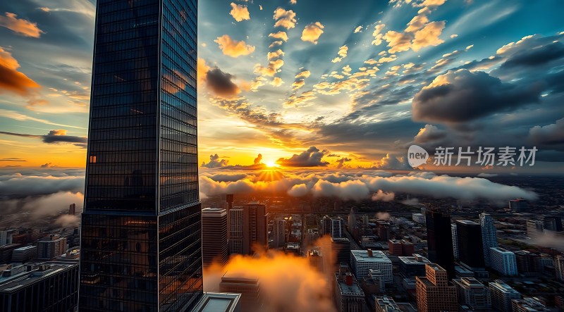 城市日出云海高楼