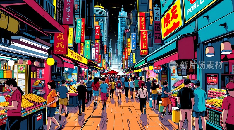 繁华夜市霓虹闪烁热闹非凡