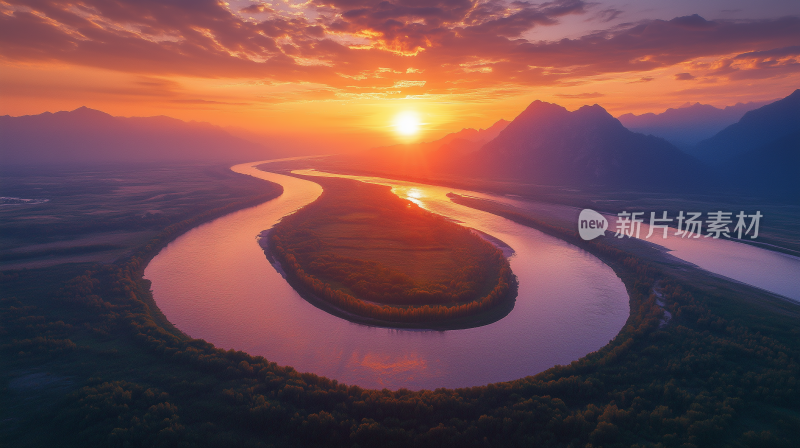 黄河8蜿蜒河流与金色夕阳