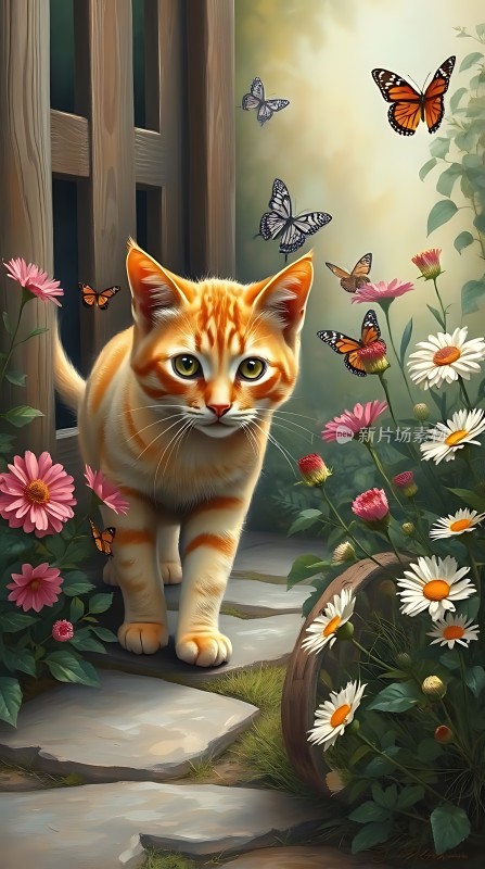 阳光下的花园小猫与蝴蝶