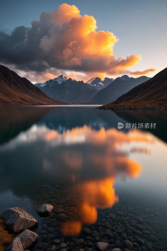 一个湖岩石和高山清风景摄影图片