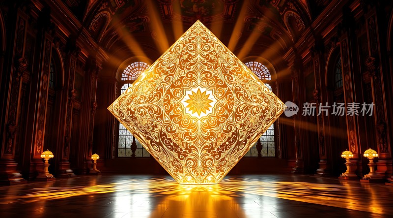 金色光芒四射的华丽装饰物在宏伟大厅中闪耀