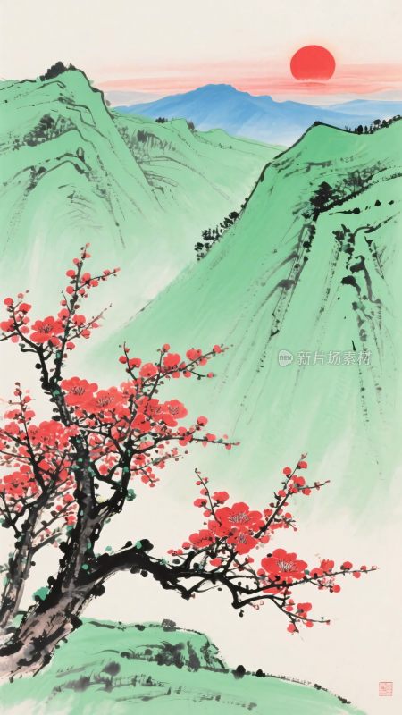 山间红梅映红日美景