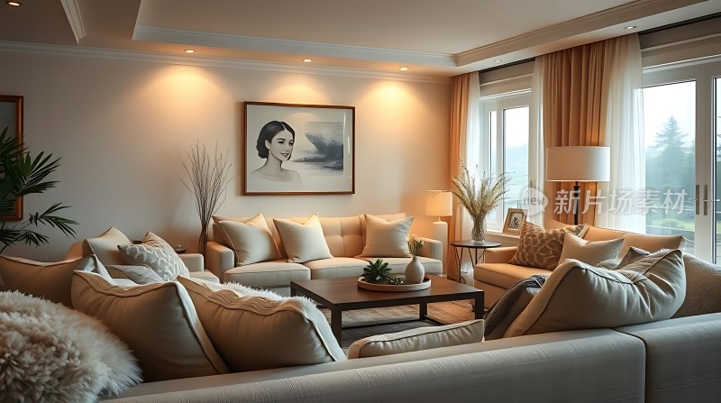 温馨雅致客厅现代简约风格舒适沙发优雅装饰画自然光线洒满空间