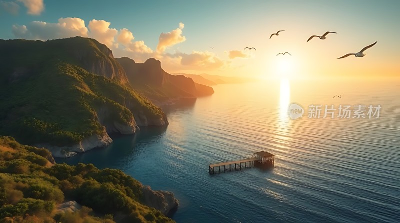 日出时分的海景阳光洒在海面上海鸥翱翔于天际远处有山峦和木制栈道