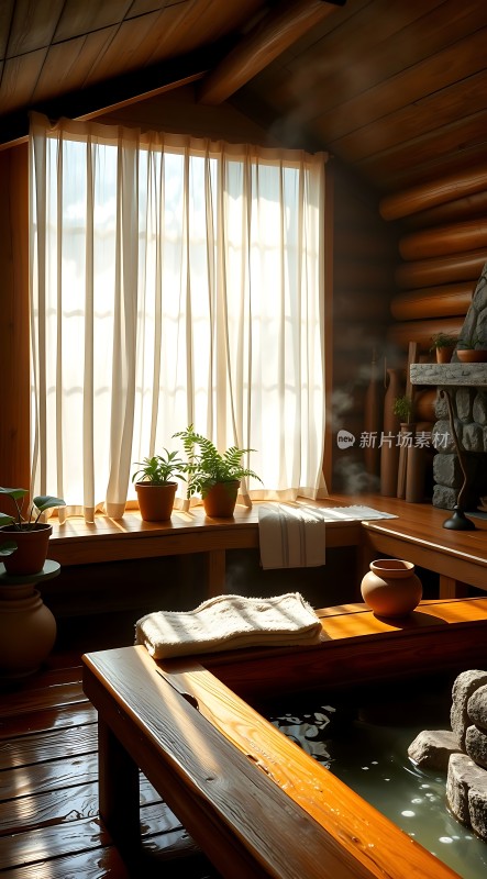 阳光下的木屋温泉