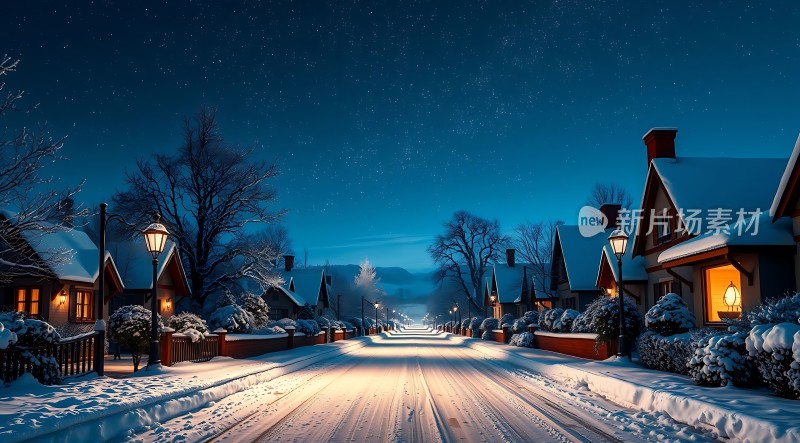 雪夜小镇温馨宁静