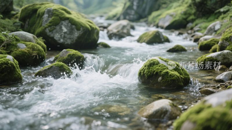 山间溪流与覆青苔石块景观