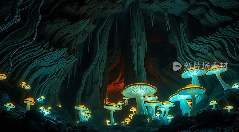 神秘洞穴中的荧光蘑菇