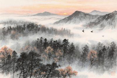 水墨山水彩雾林画 水墨山水彩雾林画